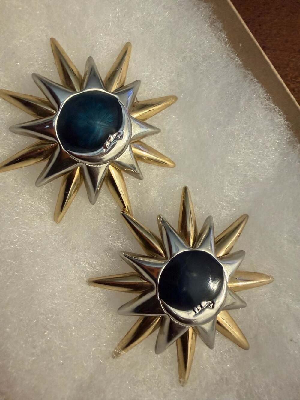 Liz Claiborne Vintage Celestial Sun and Moon Two-Tone Earrings Blue Cabochon